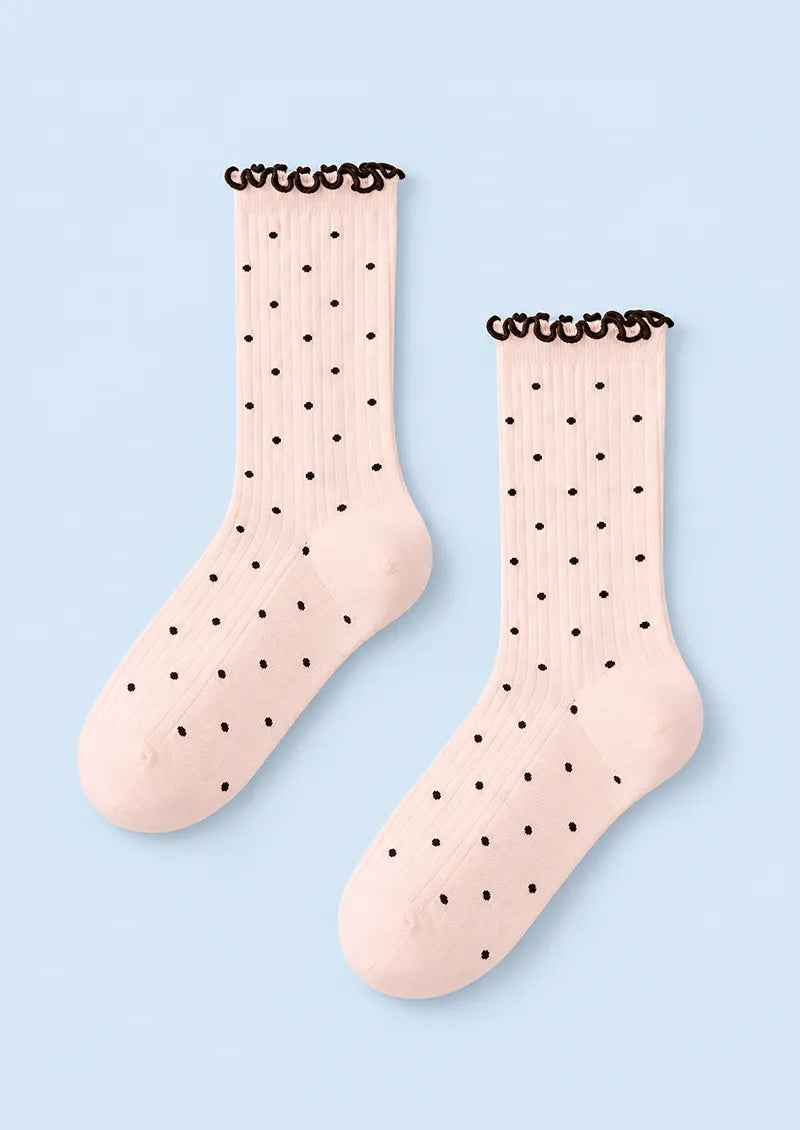 Gray Black Polka Dot Ribbed Crew Socks