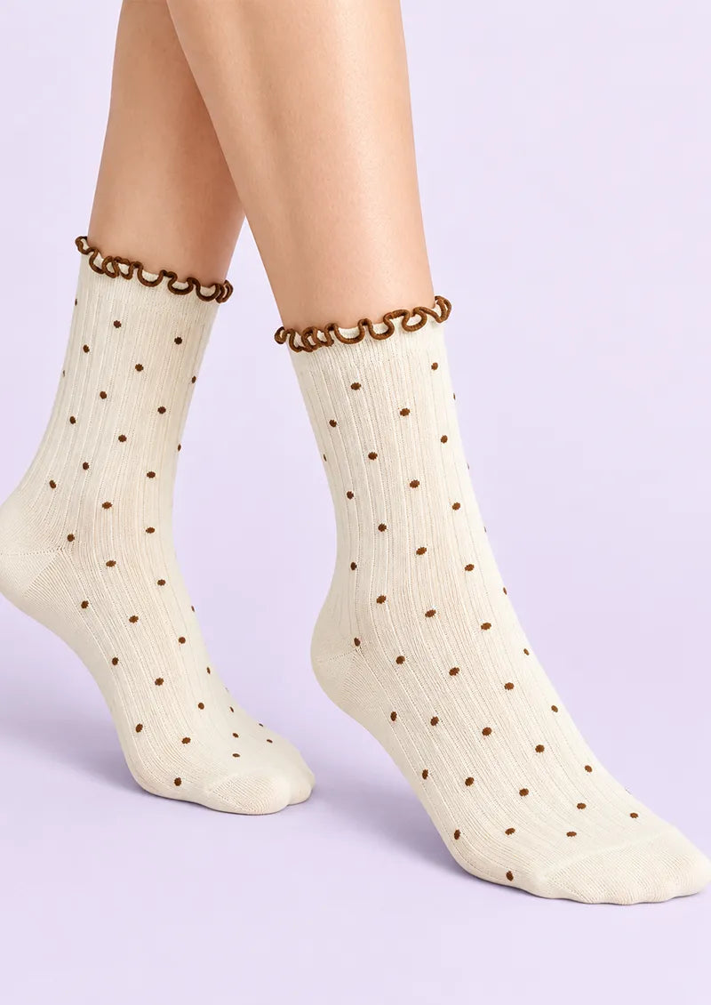 Gray Black Polka Dot Ribbed Crew Socks