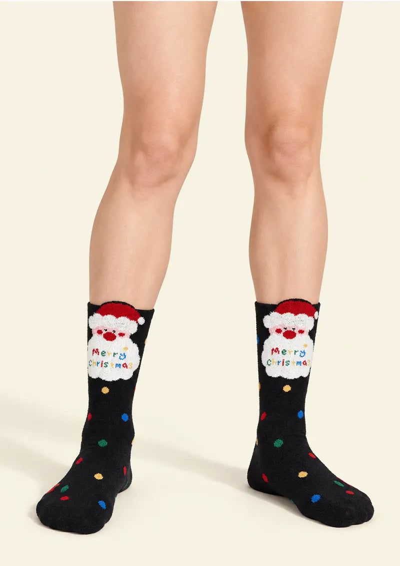 Front view of black Crew Socks with a Santa motif, Merry Christmas lettering, and colorful dots