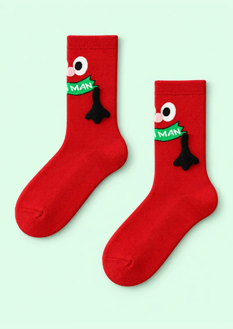 Red Cartoon Christmas Crew Socks