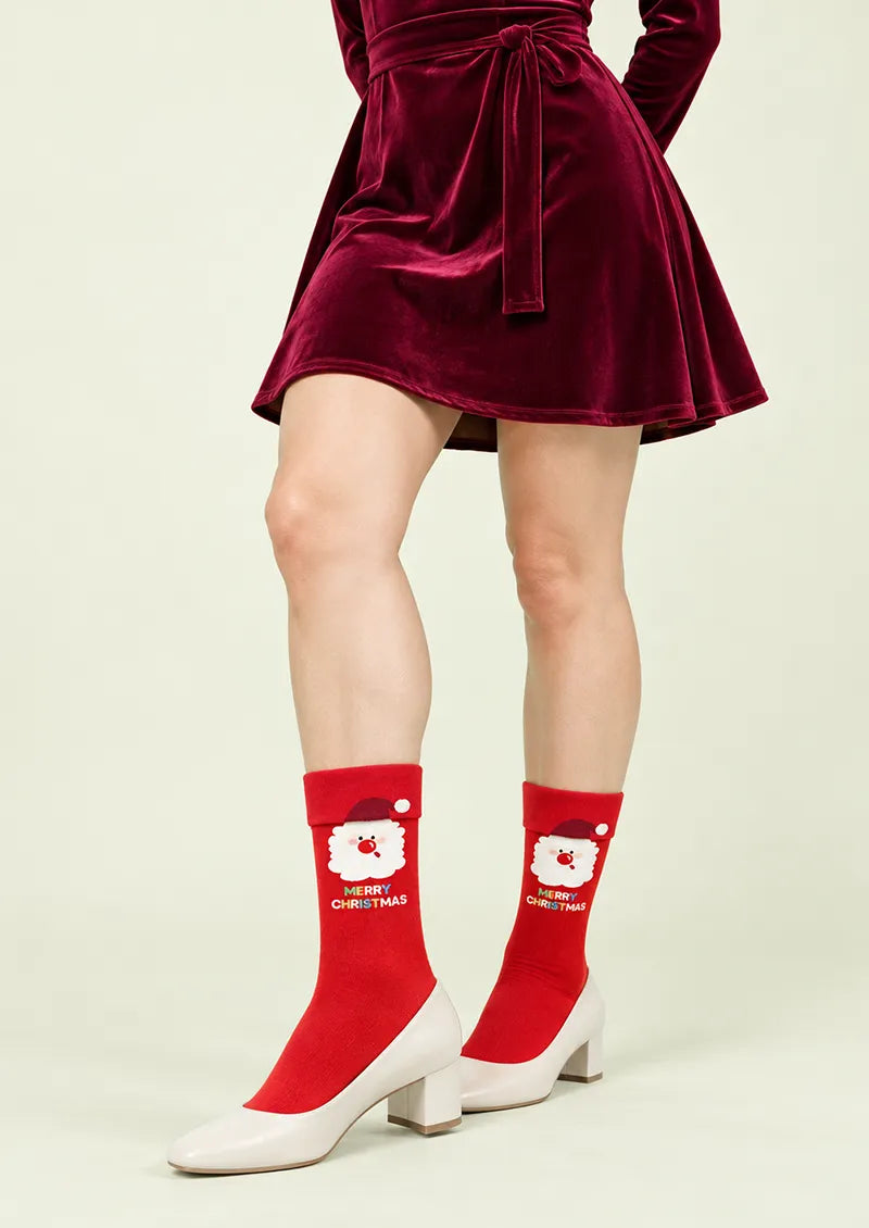 Red Santa Merry Christmas Crew Socks