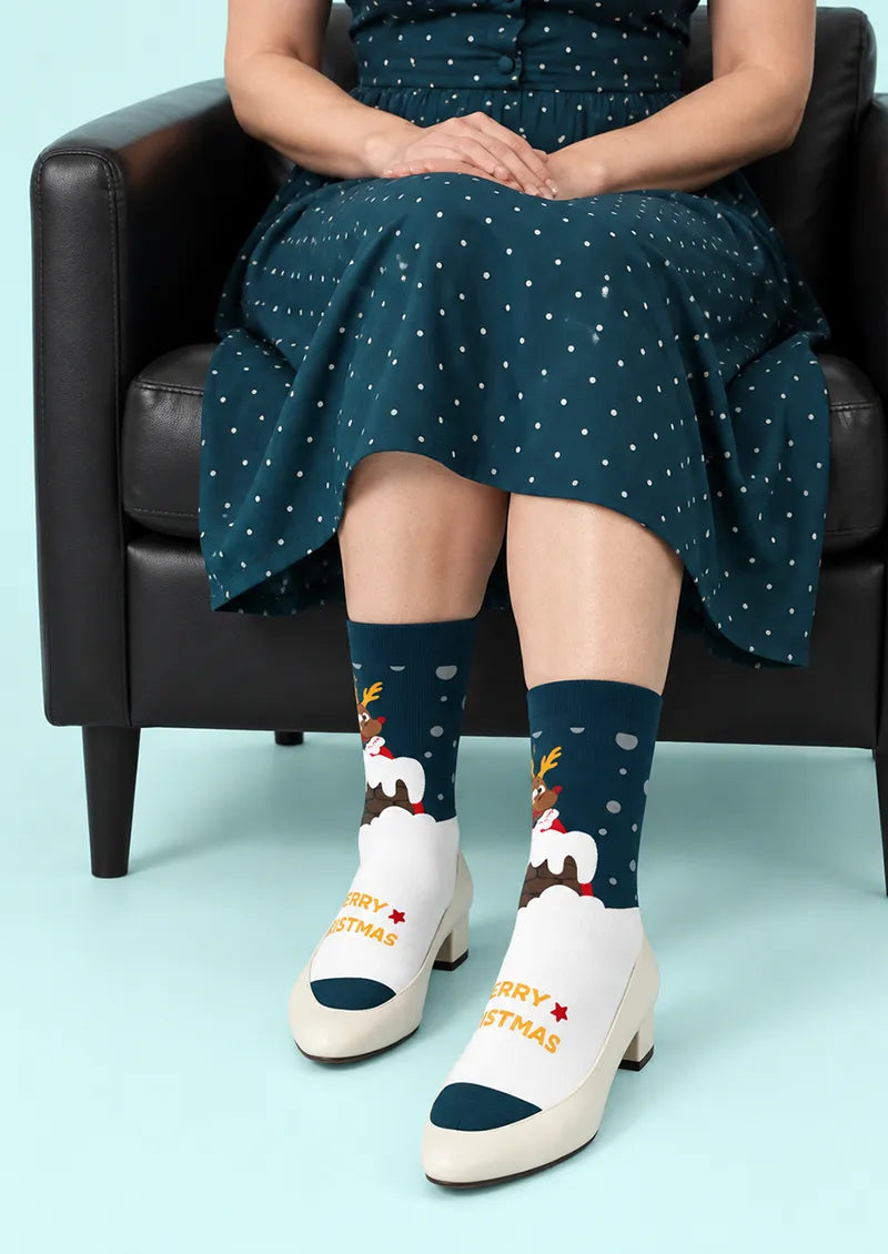Blue Reindeer Merry Christmas Crew Socks