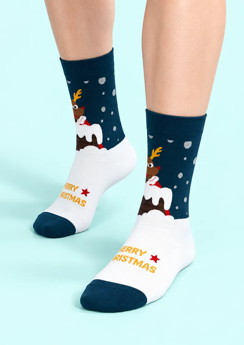 Blue Reindeer Merry Christmas Crew Socks