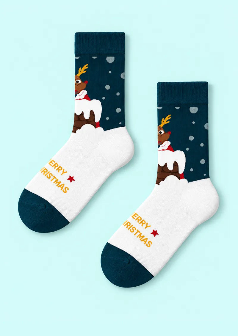 Blue Reindeer Merry Christmas Crew Socks