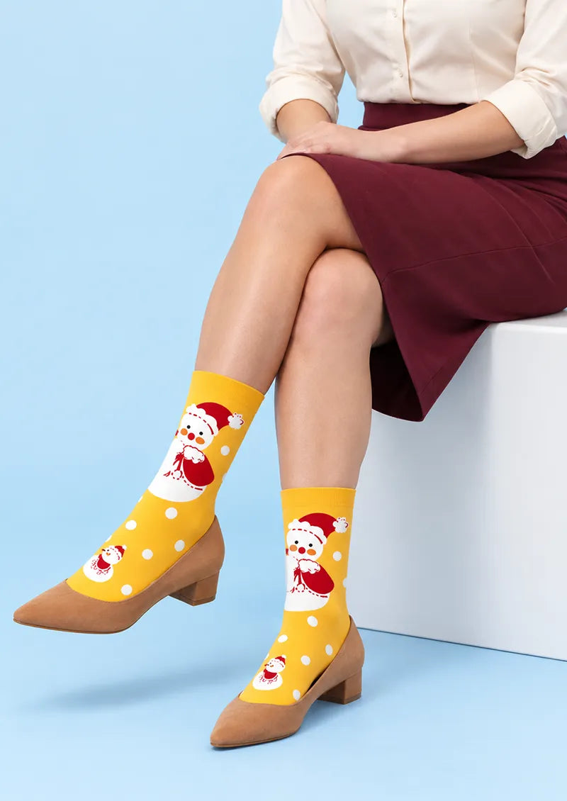 Yellow Snowman Polka Dot Crew Socks