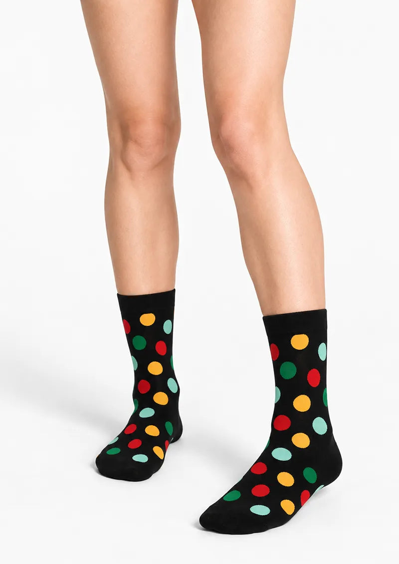 Front view of black Crew Socks with multicolor polka dot pattern