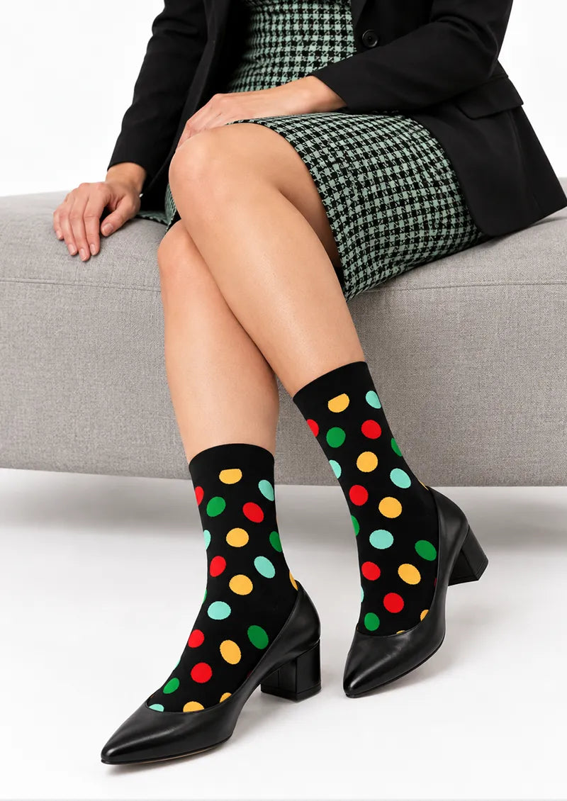 Black Multicolor Polka Dot Crew Socks
