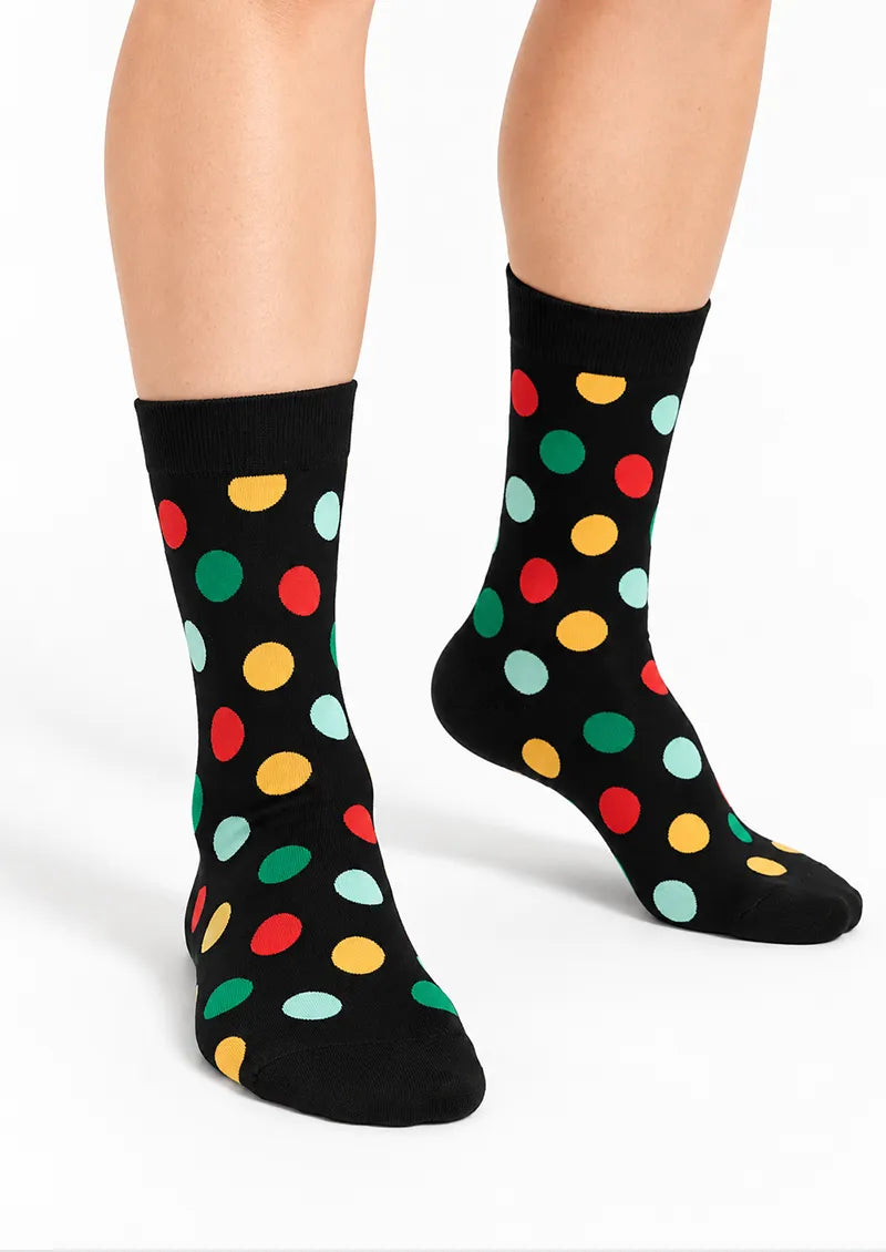 Black Multicolor Polka Dot Crew Socks