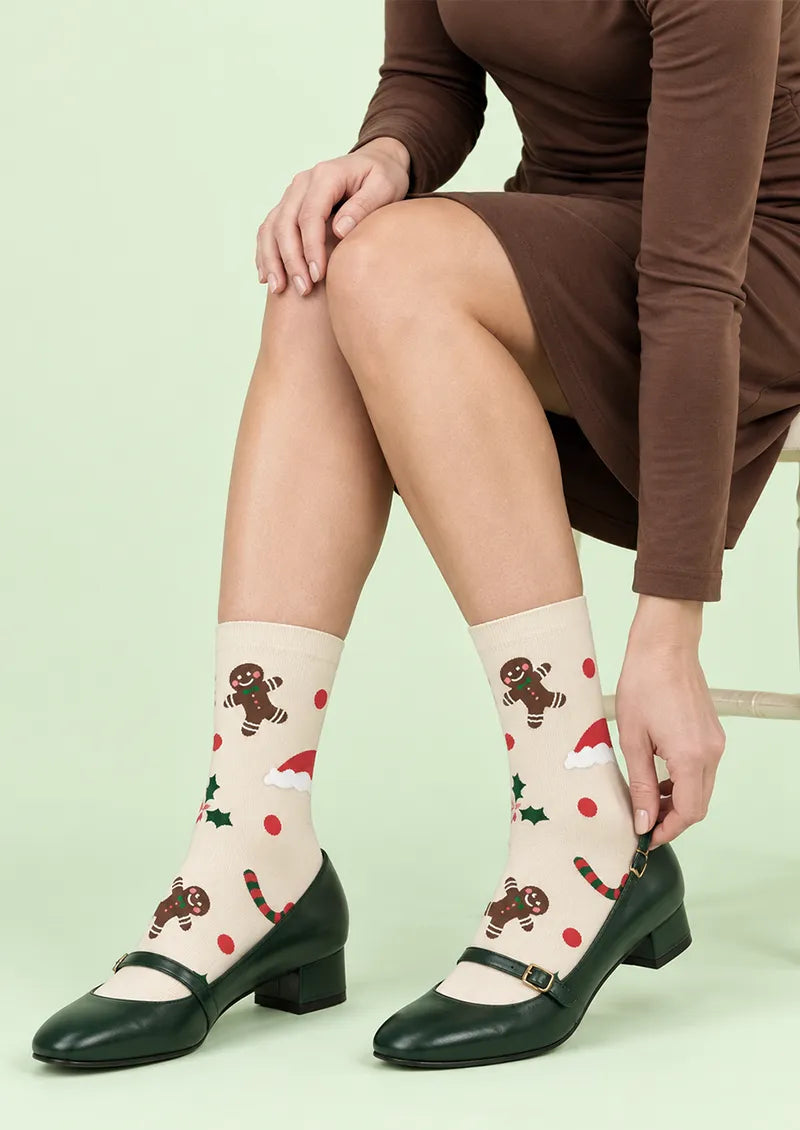 Ivory Gingerbread Holiday Crew Socks