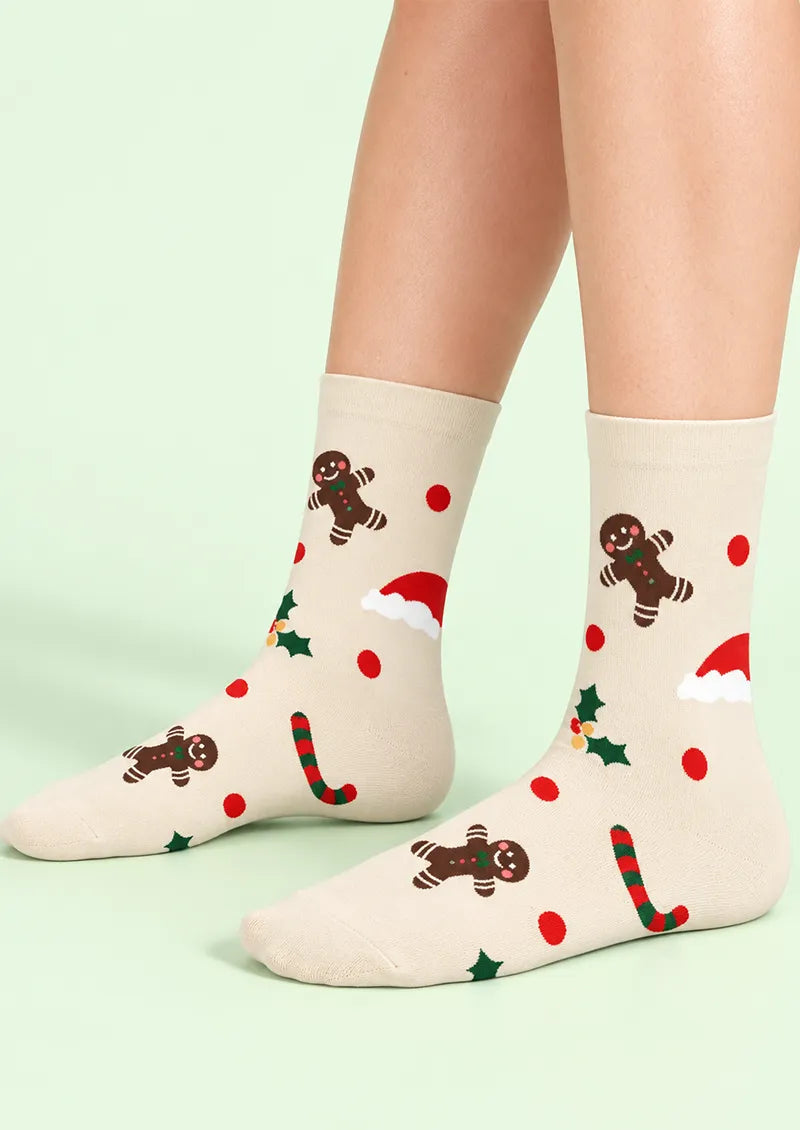 Ivory Gingerbread Holiday Crew Socks