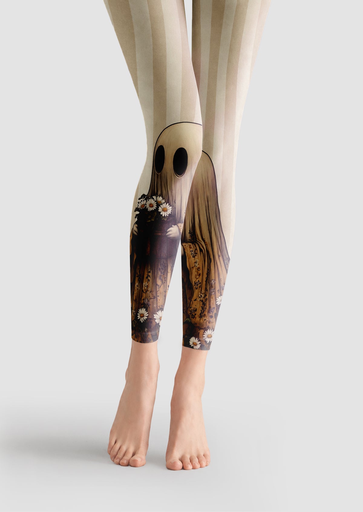Beige footless tights with vertical stripes, printed ghost holding white daisy floral on lower legs