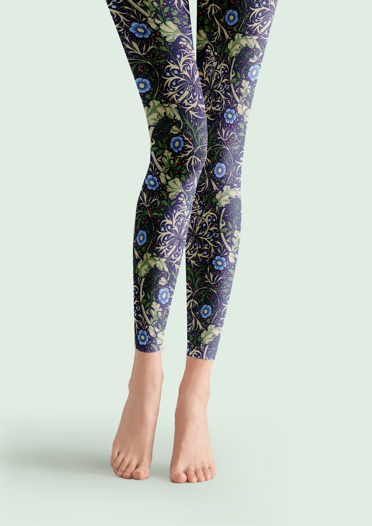 Navy footless tights with blue flowers, green leaves and ivory botanical vine print