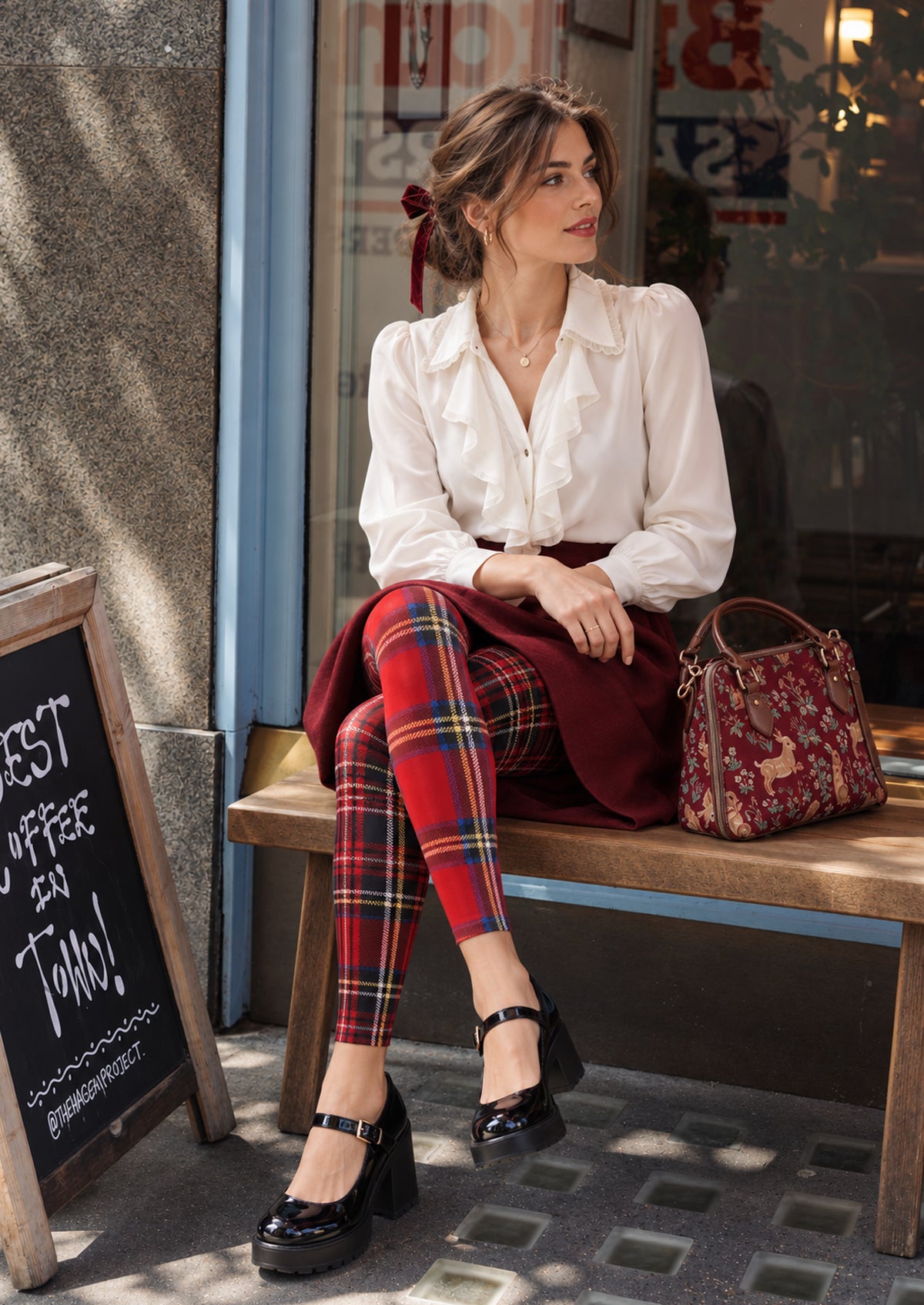 Red Asymmetric Tartan Plaid Footless Tights