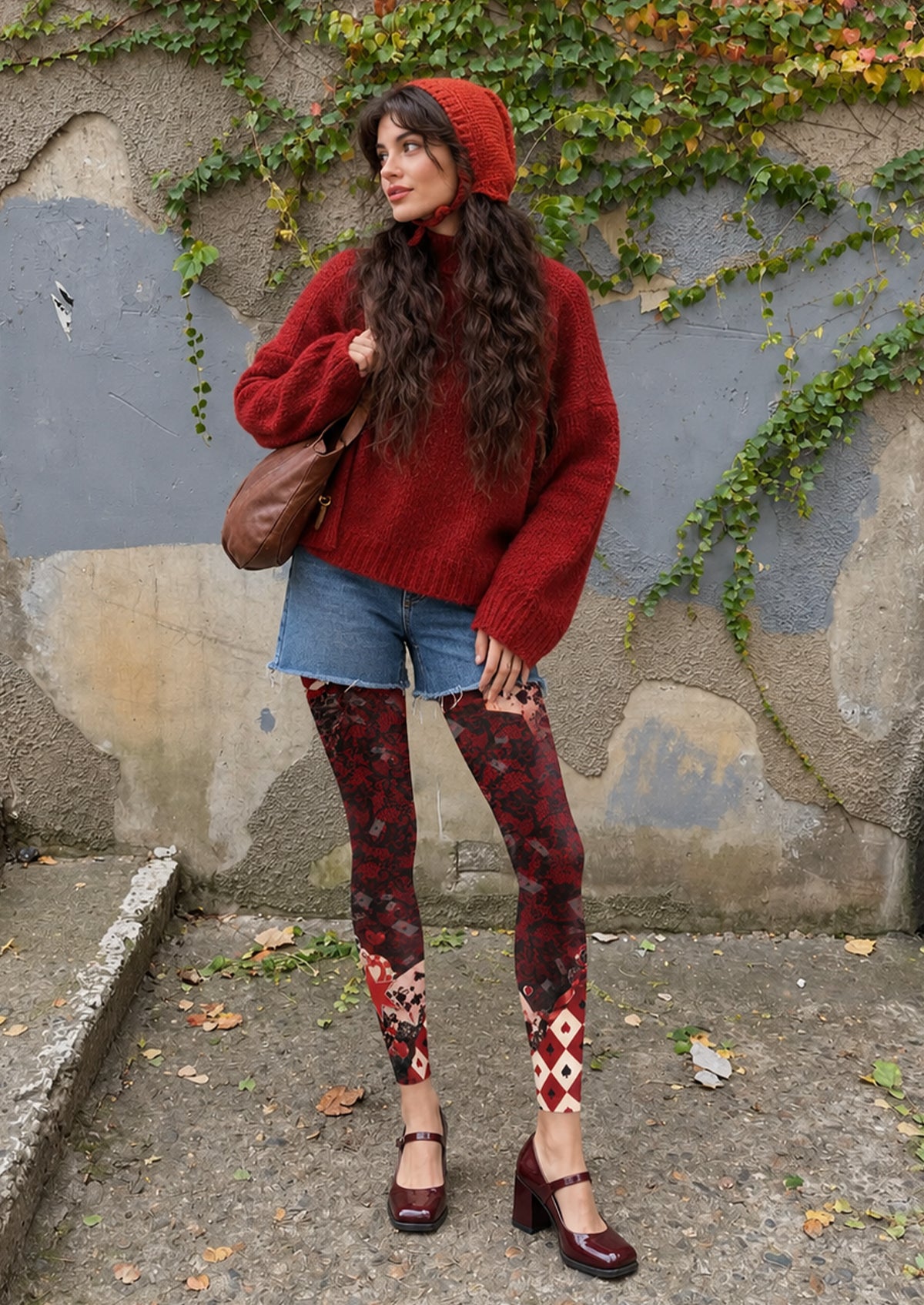 Black Burgundy Playing Card Collage Footless Tights