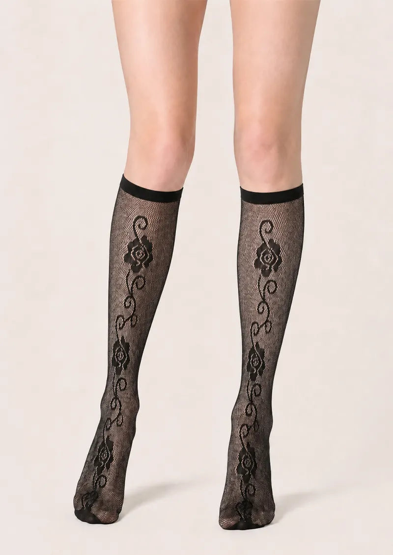 Black Floral Vine Fishnet Knee-High Socks