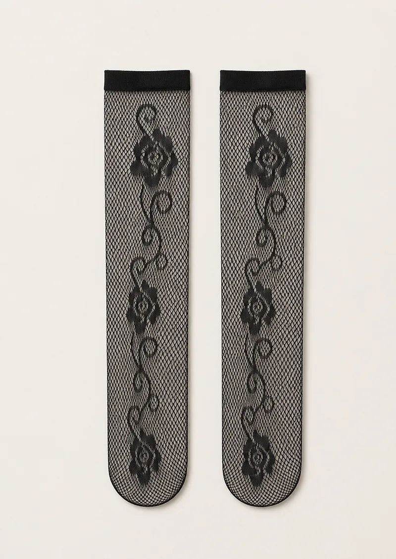Black Floral Vine Fishnet Knee-High Socks