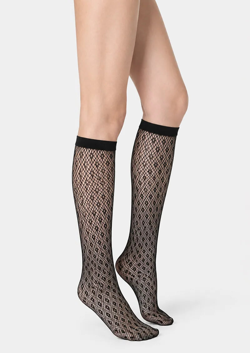 Black Dotted Diamond Fishnet Knee-High Socks