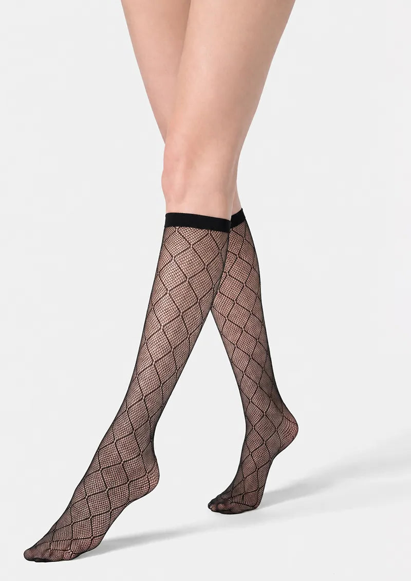 Black Lattice Stripe Fishnet Knee-High Socks