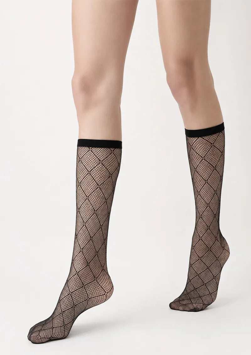 Black Lattice Stripe Fishnet Knee-High Socks