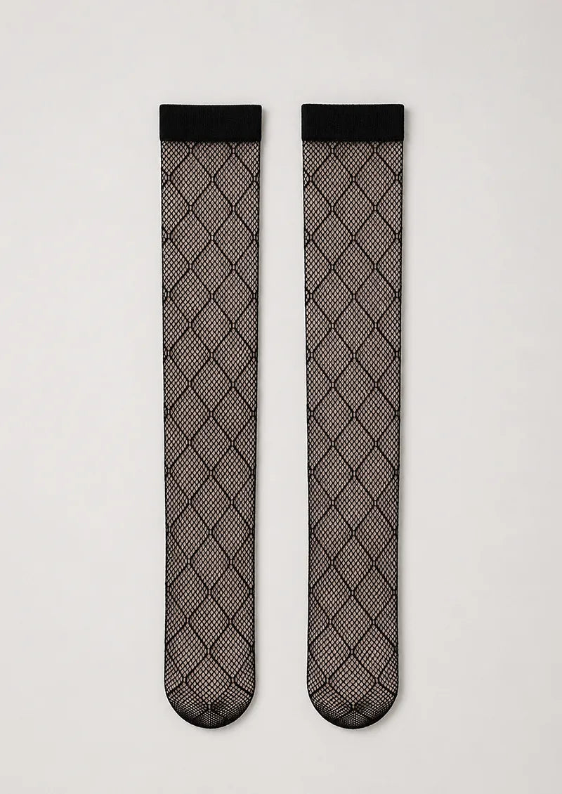 Black Lattice Stripe Fishnet Knee-High Socks