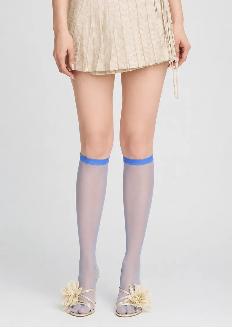 Sky Blue Contrast Cuff Sheer Knee-High Socks