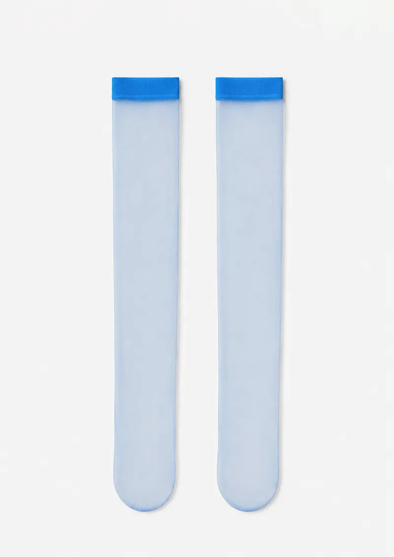 Sky Blue Contrast Cuff Sheer Knee-High Socks