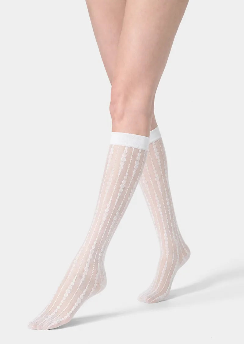 Model wearing White Dotted Stripe Sheer Knee-High Socks