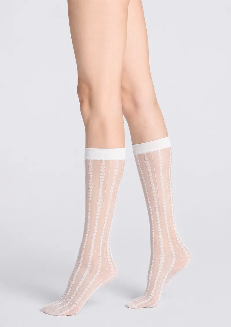 White Dotted Stripe Sheer Knee-High Socks