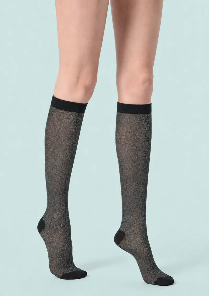 Charcoal Lurex Textured Knit Knee-High Socks
