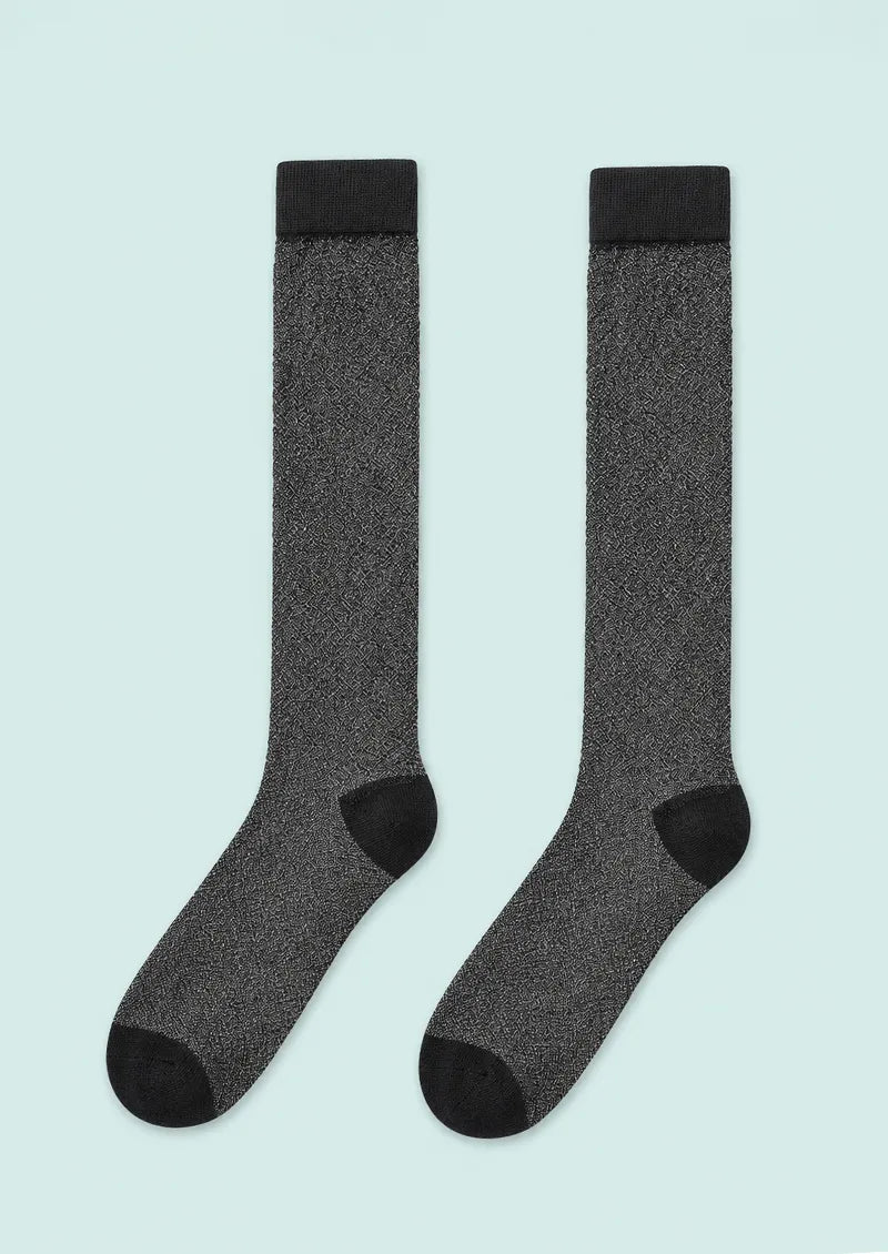 Charcoal Lurex Textured Knit Knee-High Socks