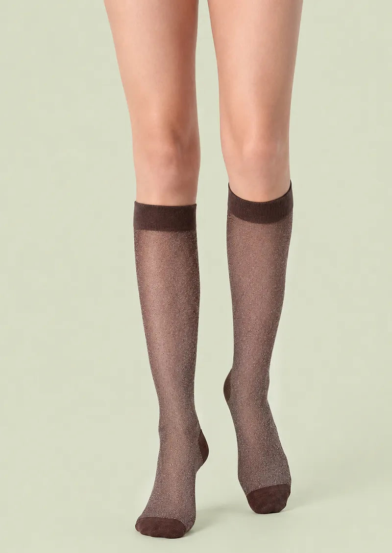 Mocha Lurex Textured Knit Knee-High Socks