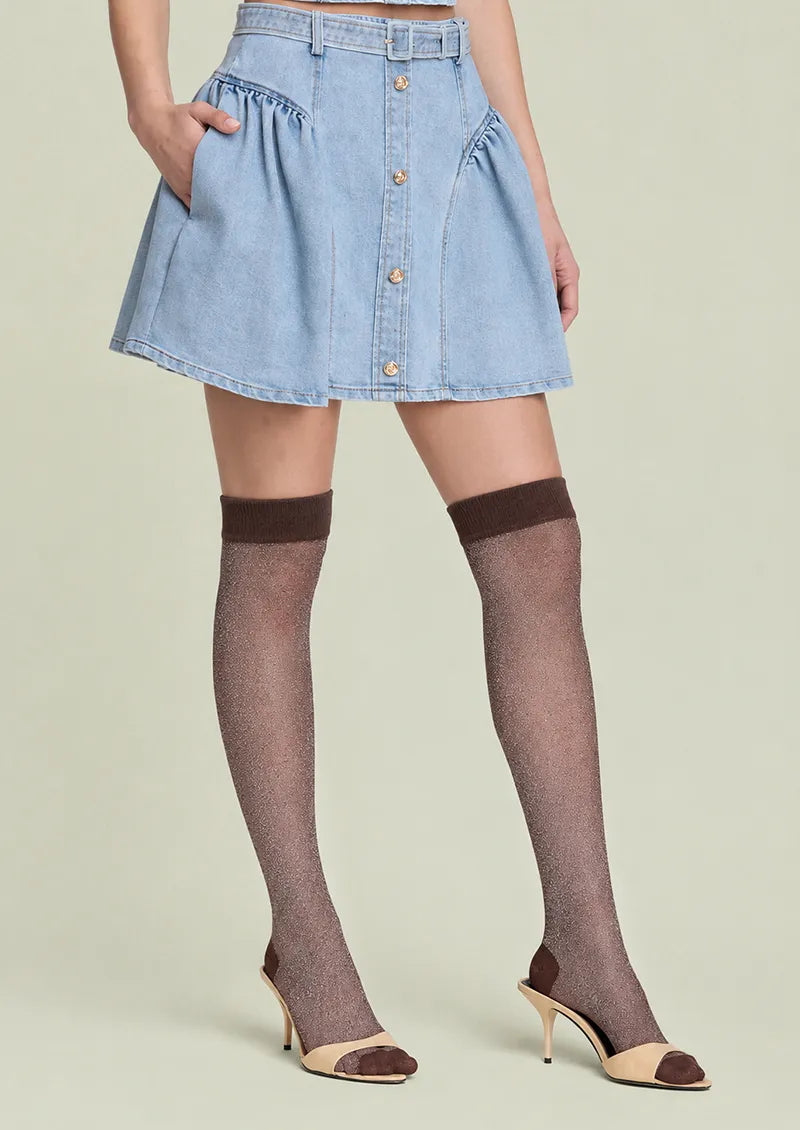Mocha Lurex Textured Knit Knee-High Socks
