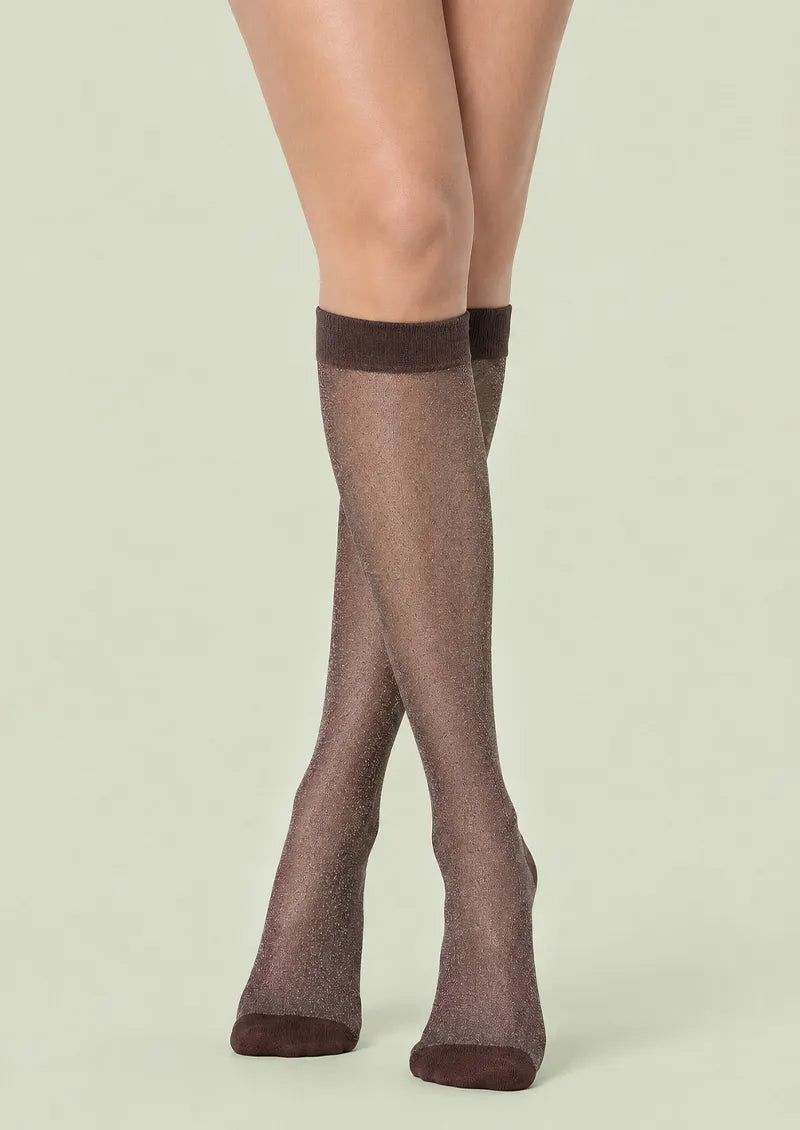 Mocha Lurex Textured Knit Knee-High Socks