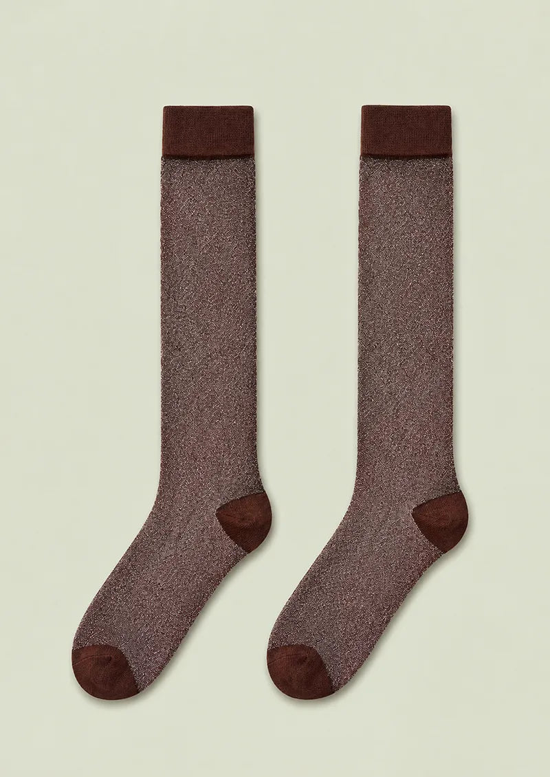 Mocha Lurex Textured Knit Knee-High Socks