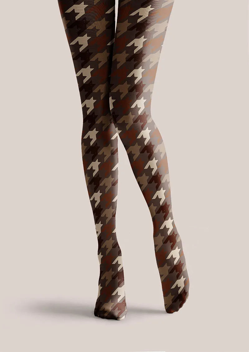 Mocha Houndstooth Print Tights Hosiery Pantyhose