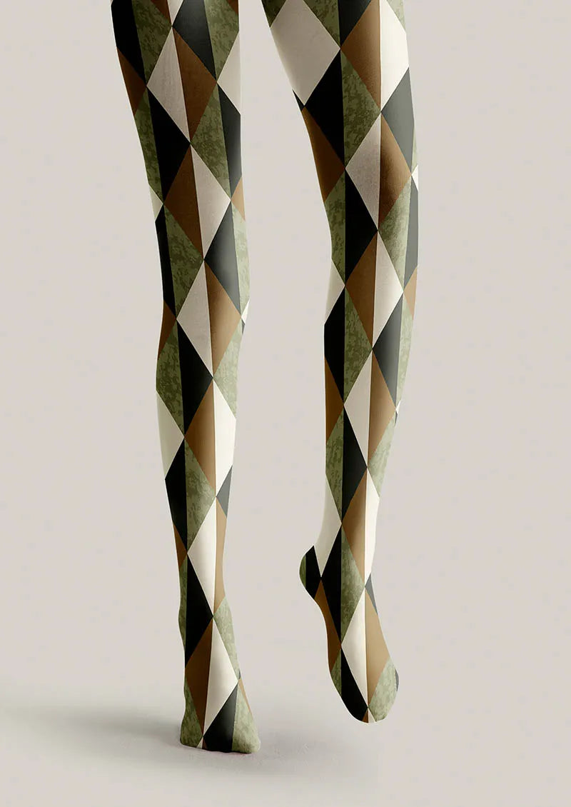 Olive Harlequin Patterned Tights Hosiery Pantyhose