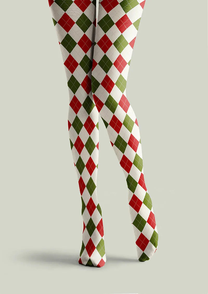 Christmas Holly Jolly Grid Patterned Tights Hosiery Pantyhose