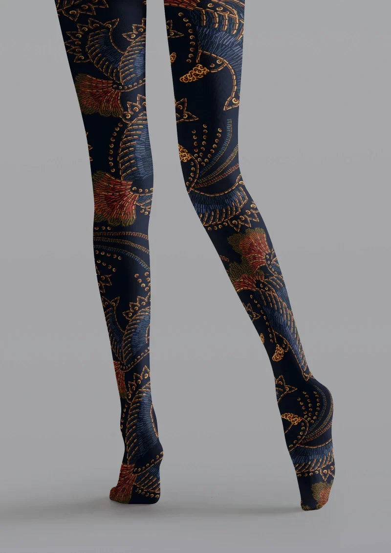 Navy Floral Print Tights Hosiery Pantyhose