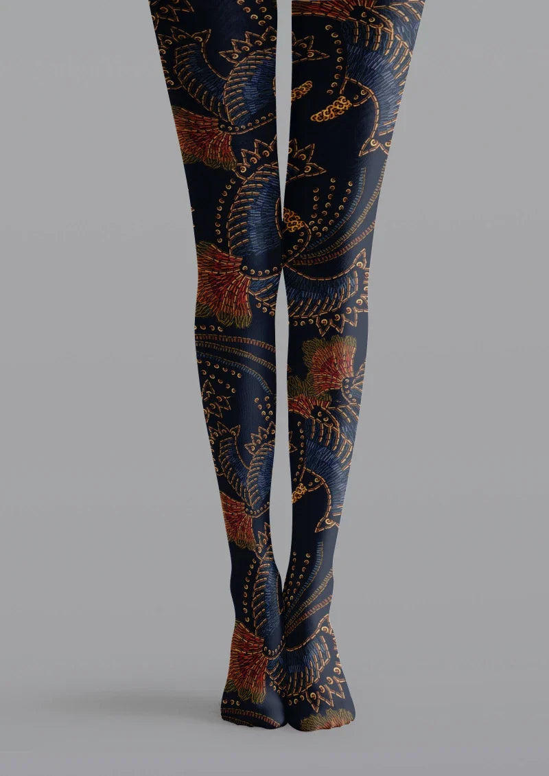 Navy Floral Print Tights Hosiery Pantyhose