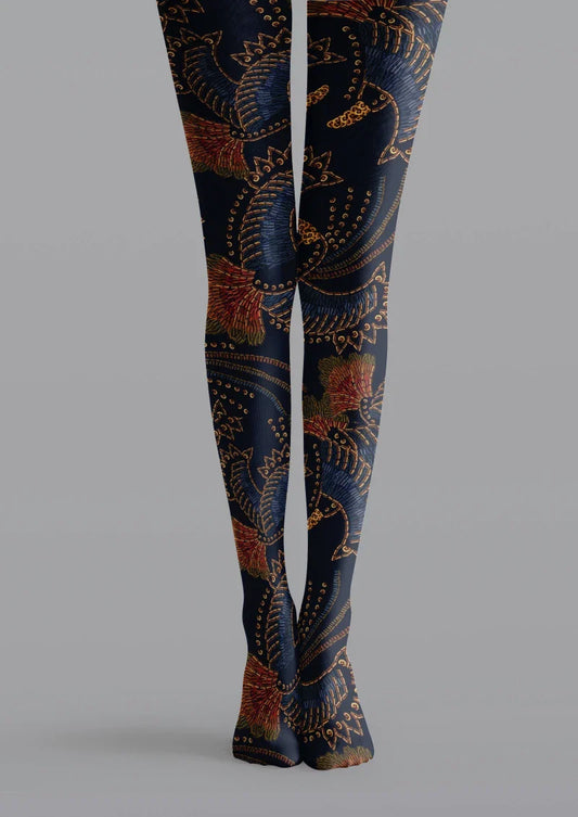 Navy Floral Print Tights Hosiery Pantyhose