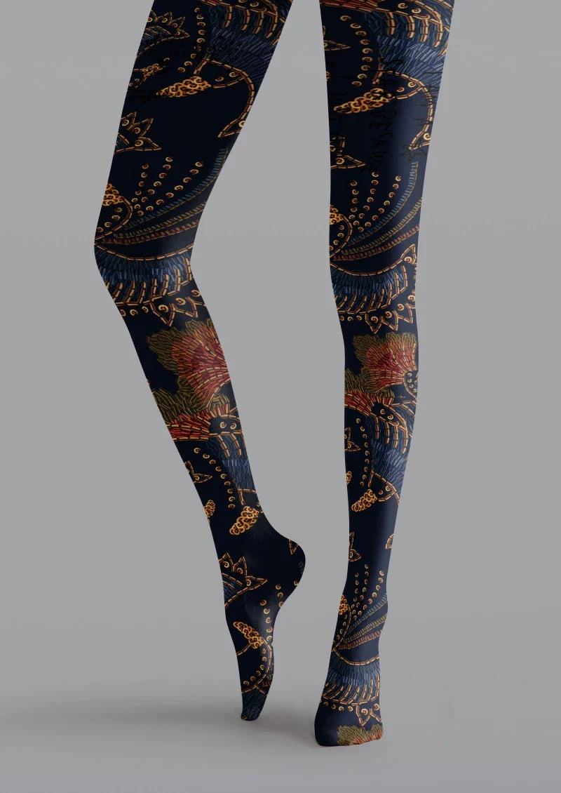Navy Floral Print Tights Hosiery Pantyhose