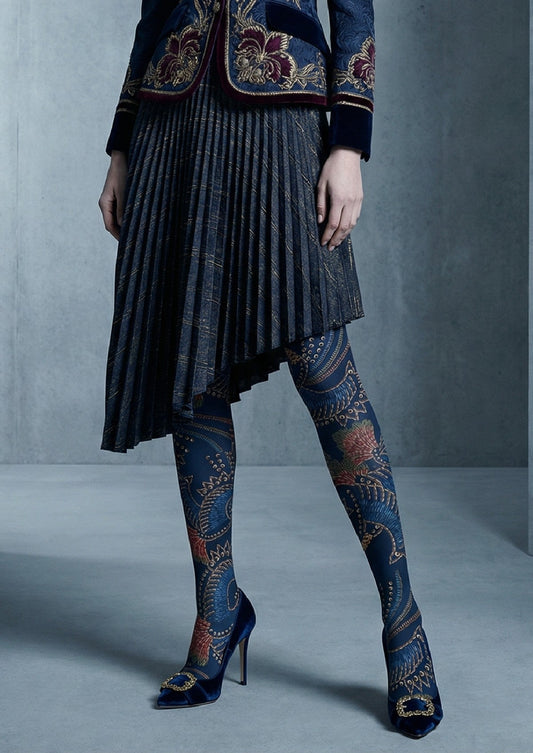 Navy Floral Print Tights Hosiery Pantyhose