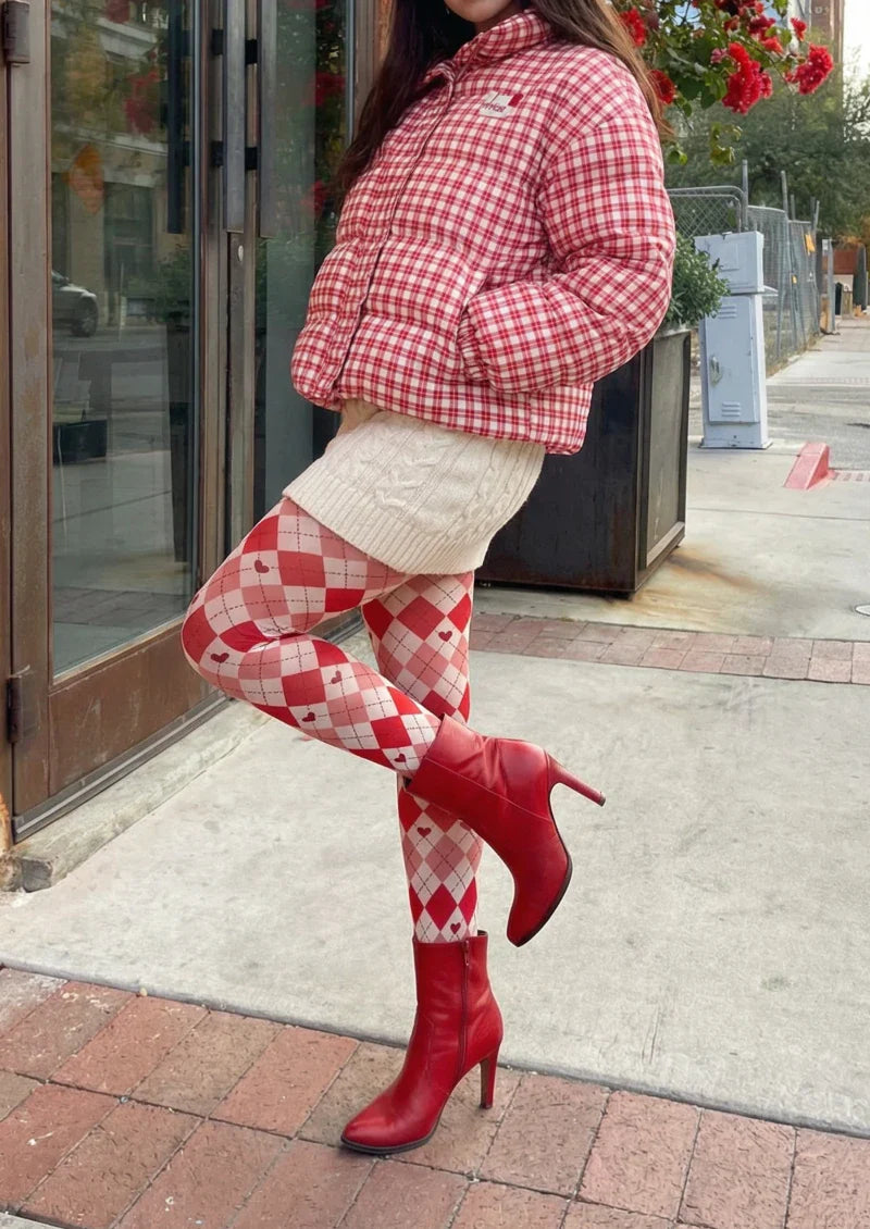 Red White Argyle Tights Hosiery Pantyhose