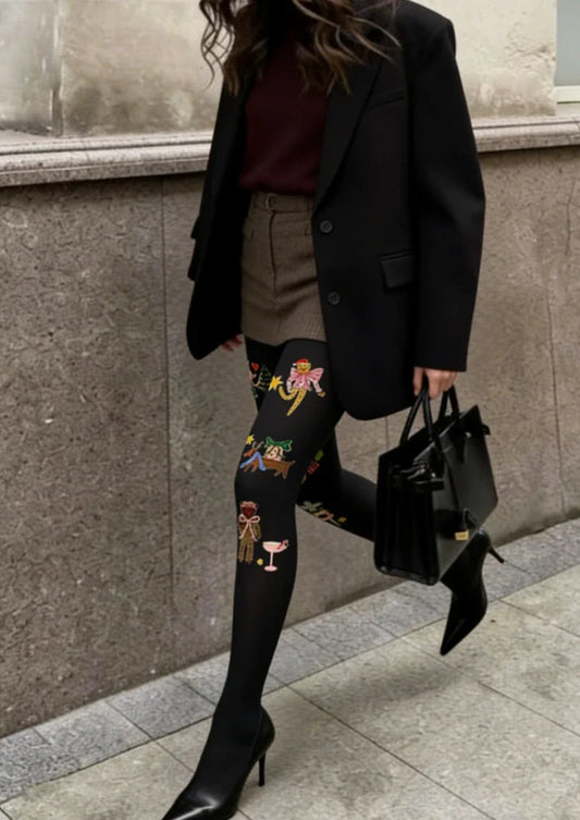 Black Decorative Graphic Tights Hosiery Pantyhose