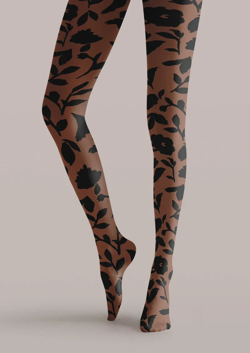 Brown Floral Graphic Tights Hosiery Pantyhose