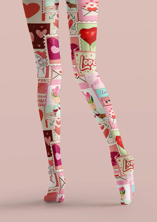 Pink Red Heart Graphic Tights Hosiery Pantyhose
