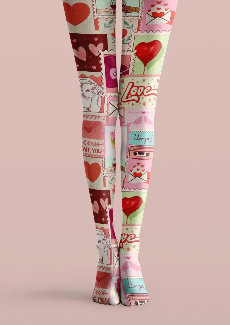 Pink Red Heart Graphic Tights Hosiery Pantyhose