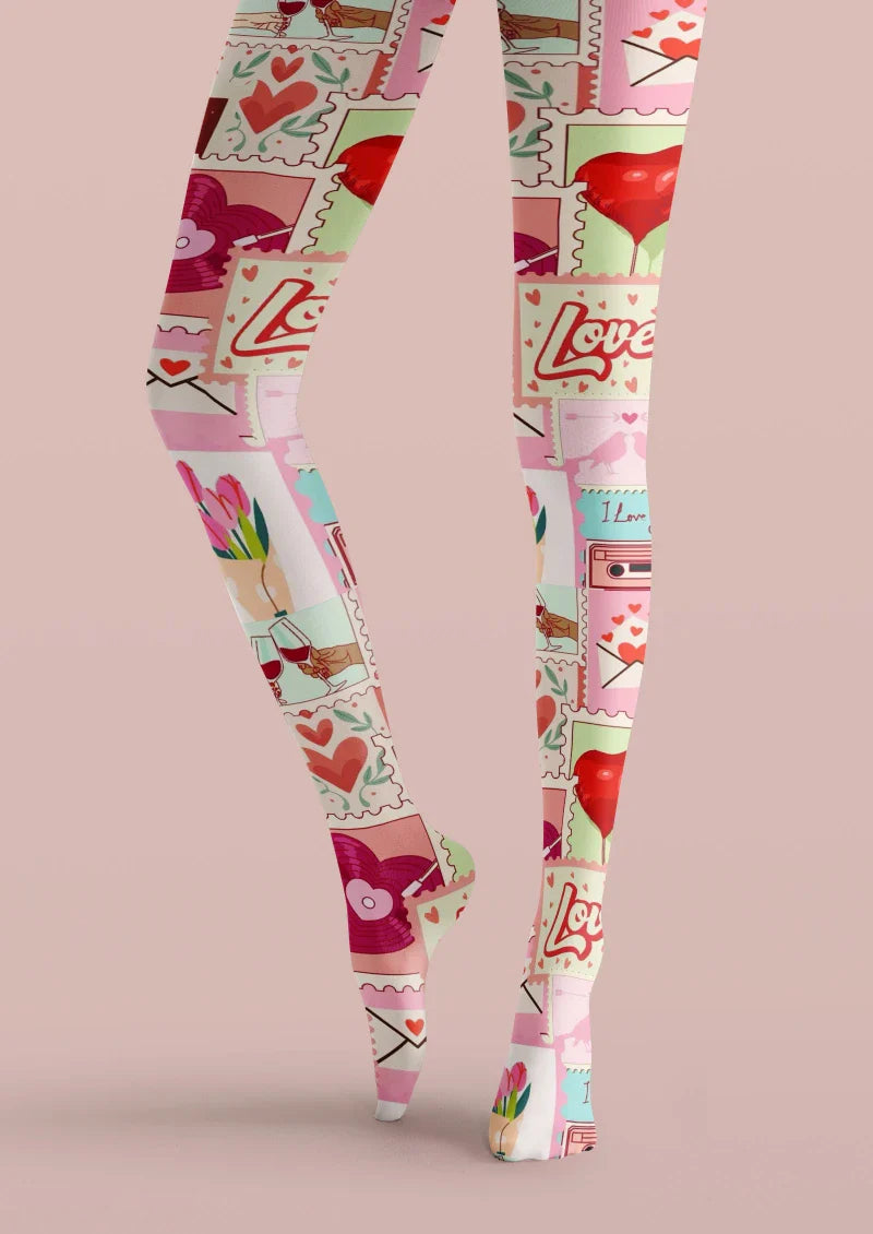 Pink Red Heart Graphic Tights Hosiery Pantyhose