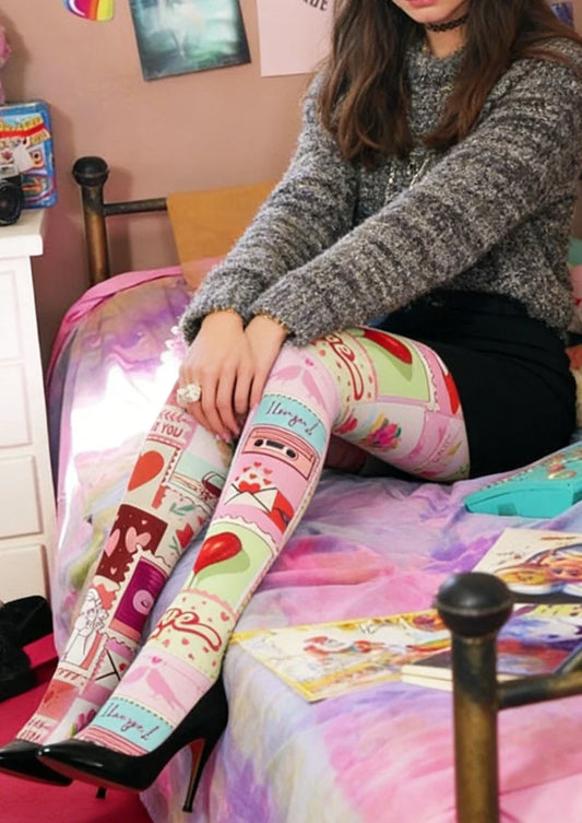 Pink Red Heart Graphic Tights Hosiery Pantyhose