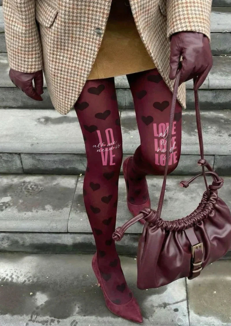 Purple Love Text Graphic Tights Hosiery Pantyhose
